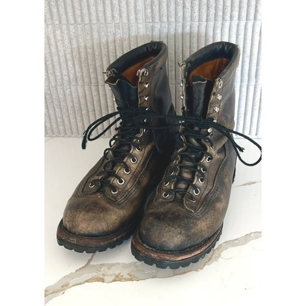 Vintage Chippewa Lace Up Work Boots Leather Distressed Brown Black 8.5 E Wide